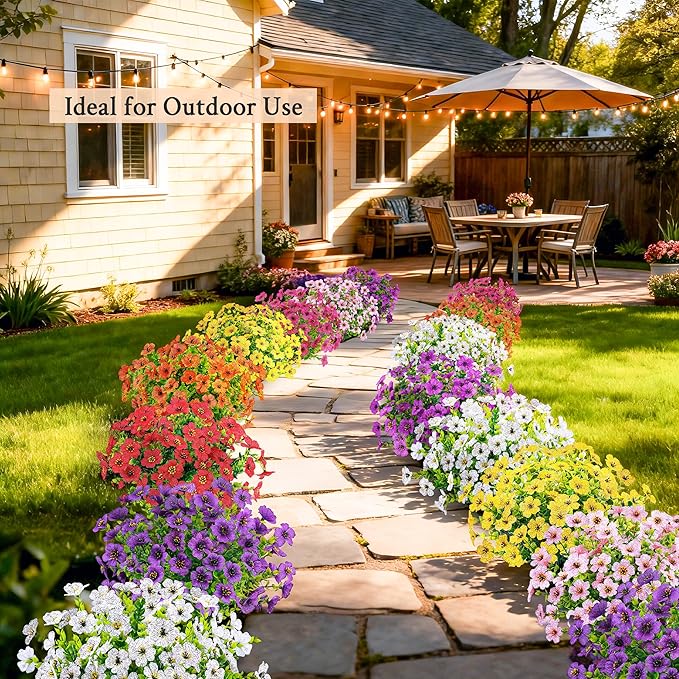 Der Rose 24 Bundles Artificial Flowers for Outdoor UV Resistant Faux Plants for Wedding Home Garden Patio Porch Spring Decor (8 Colors)