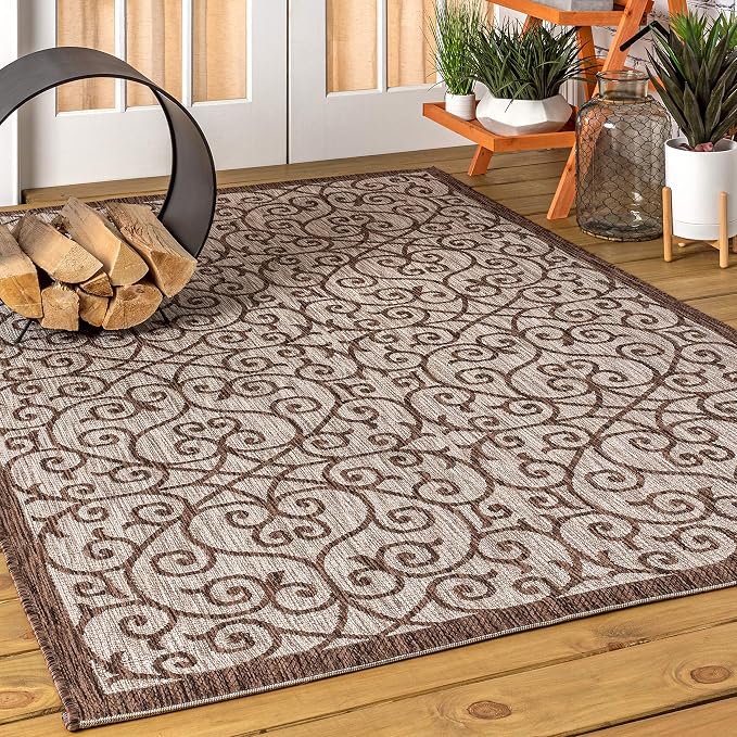 JONATHAN Y Vintage Filigree Indoor Outdoor Area Rug 5X8 Taupe/Espresso, Madrid Textured Weave for Backyard, Patio, Porch, Easy-Cleaning, High Traffic, Pet-Friendly, Non-Shedding (SMB107C-5)