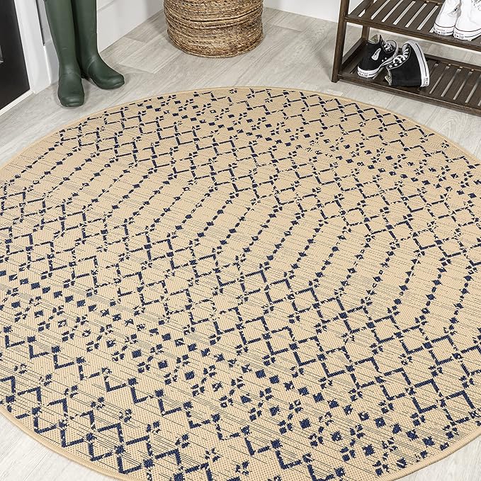 JONATHAN Y Moroccan Geometric Indoor Outdoor Round Area Rug 6 Ft Beige/Navy, Ourika Textured Weave for Backyard, Patio, Porch, Easy-Cleaning, High Traffic, Pet-Friendly, Non-Shedding (SMB108H-6R)