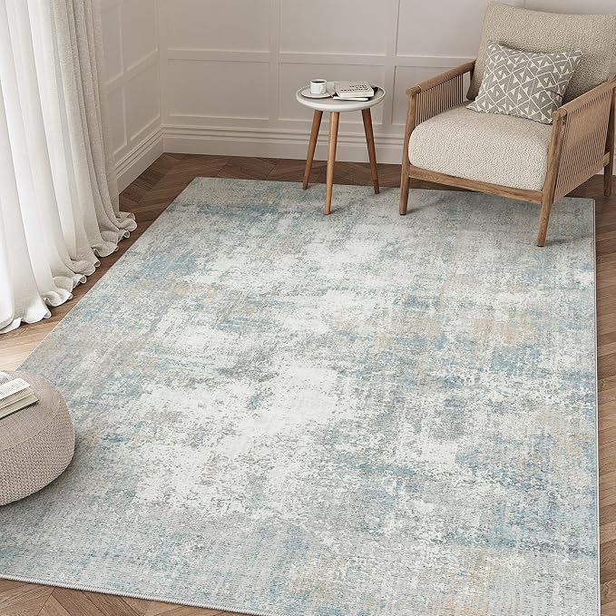 3x5 Washable Area Rug Blue Cream Abstract Non Slip Soft Low Pile Rug for Entryway Kitchen Bathroom Neutral Modern Throw Carpet for Living Room Bedroom Home Decor