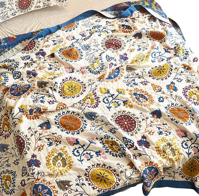 MEJU Bohemia Mandala Boho Paisley Southwest Datura Flower Throw Blanket for Bed Sofa Couch, 100% Combed Cotton 4 Layer Soft Warm Quick Dry Reversible Throw Blanket Bed Coverlet Sheet F/Q 80 in x 90 in