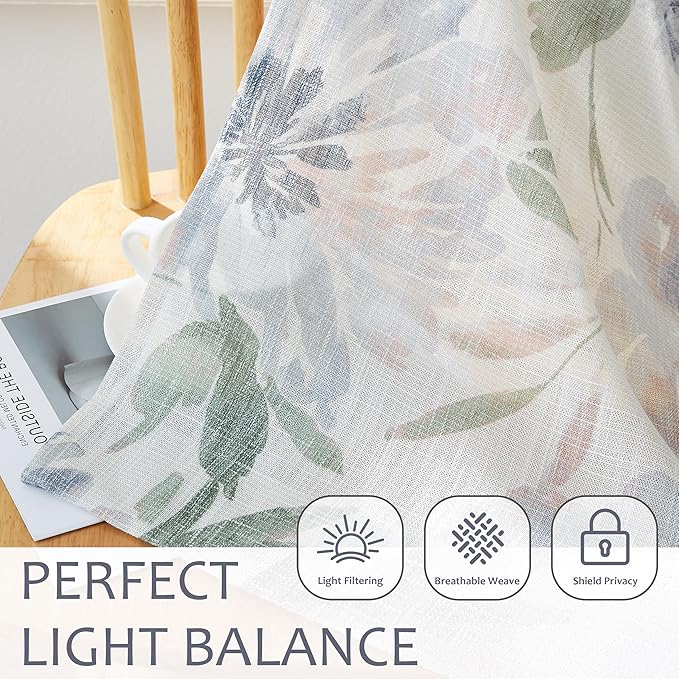 Kayne Studio Pinch Pleated Light Filtering Curtains Floral Semi Sheer Drapes for Living Room Bedroom 95 Inches Long Blue Flower Printed Botanical Pattern Back Tab Window Treatment Set,40"x95",2 Panels