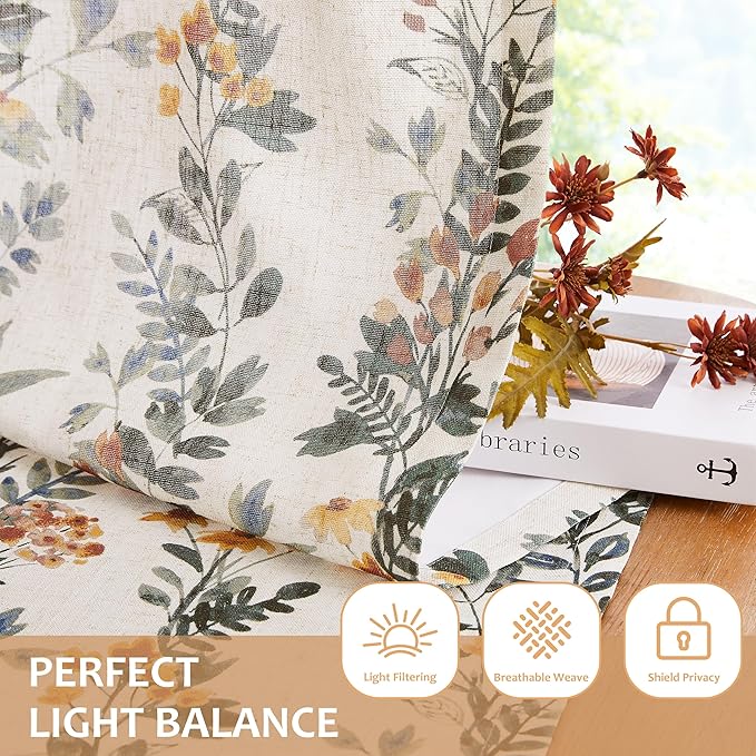 Kayne Studio Pinch Pleated Leaf Floral Window Curtains Light Filtering Lined Drapes Botanical Printed Country Farmhouse Back Tab Window Panels for Living Room Bedroom, 40"x95",Green & Yellow,2 Panels