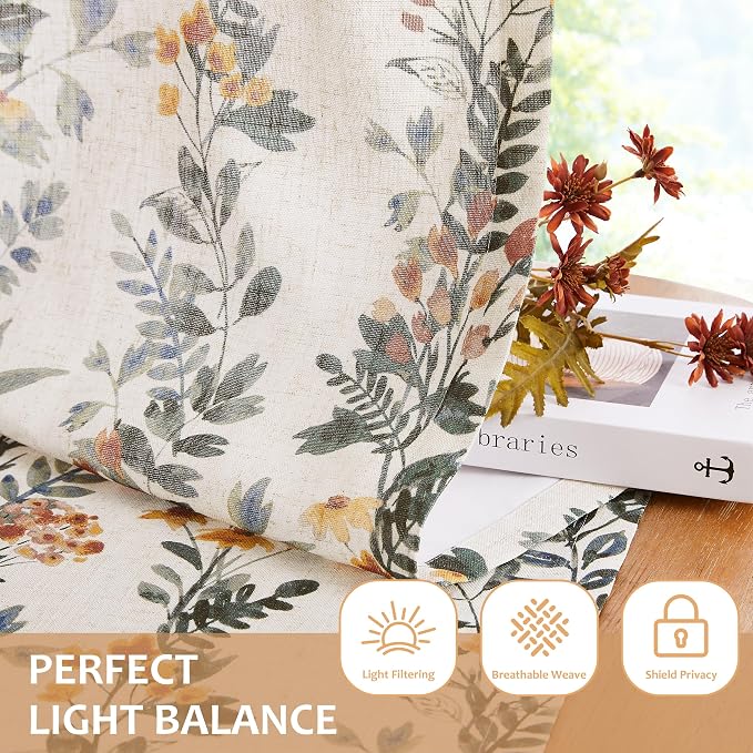 Kayne Studio Pinch Pleated Leaf Floral Window Curtains Light Filtering Lined Drapes Botanical Printed Country Farmhouse Back Tab Window Panels for Living Room Bedroom, 40"x84",Green & Yellow,2 Panels
