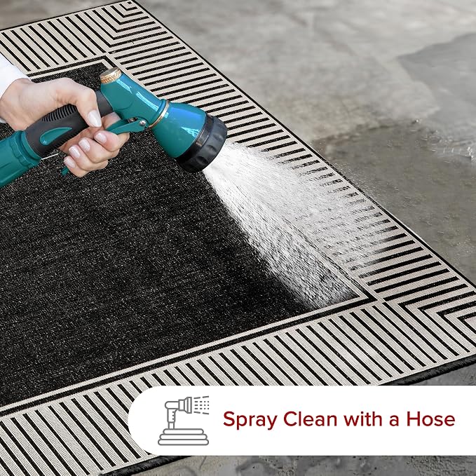Nuloom Asha Black/Ivory, 9'6" x 12', Casual, Striped Border, Soft and Cozy, High Traffic, Stain Resistant, Easy Clean, Durable Area Rug for Indoor/Outdoor Patio, Deck, Porch, Garden, Courtyard