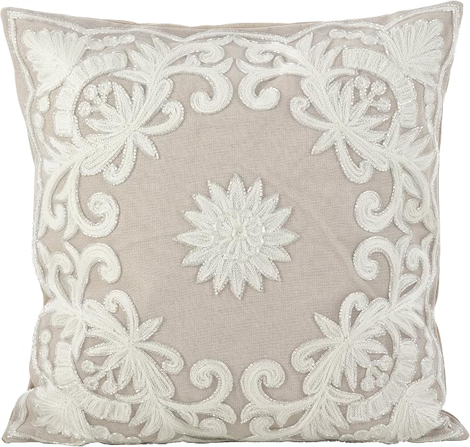 SARO LIFESTYLE Embroidered Floral Design Beaded Cotton Poly Filled Throw Pillow, 18", Ivory