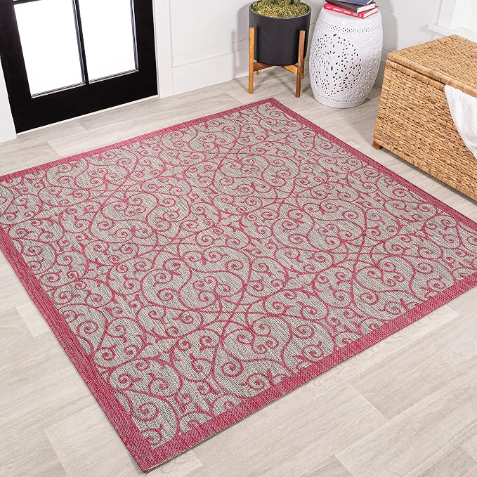 JONATHAN Y Vintage Filigree Indoor Outdoor Square Area Rug 5X5 Light Gray/Fuchsia, Madrid Textured Weave for Backyard, Patio, Porch, Easy-Cleaning, High Traffic, Pet-Friendly Non-Shedding SMB107I-5SQ