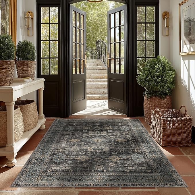 Ruaruarug Washable Area Rug 4x6 for Living Room, Bedroom, Ultra Soft Non Slip Stain & Fade Resistant, Pet & Kids Friendly, Suitable for High Traffic Areas Easy to Clean for Office Kitchen, Silver