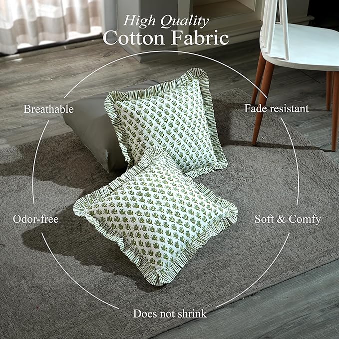 CPC Block Print Ruffle Throw Cover Emerald Green 16"x16" Inch Pack of 2-100% Cotton Ruffle Couch Decorative Boho Pillows Case for Living Room, Bedroom, Sofa, Farmhouse Gift for Spring, Mother's Day
