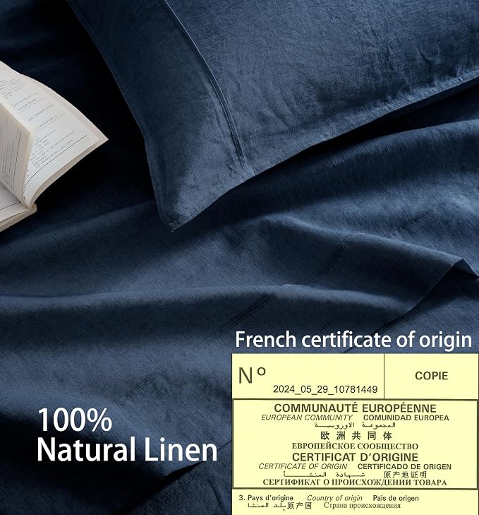 Talasily 100% French Linen Pillow Case Queen Size Set of 2,Oeko-TEX Certified Stone Washed Flax Pillow Shams with Envelope Closure - Breathable & Cooling for Hot Sleepers（Navy Blue,20''x30''）