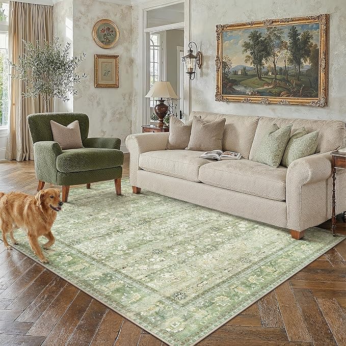 HUGEAR 6x9 Machine Washable Rugs Light Green Hallway Large Area Rug Indoor Accent Rug Floral Low Pile Carpet Soft Throw Aesthetic Rug Bedroom Living Room Office Dining Room Kitchen Laundry Room
