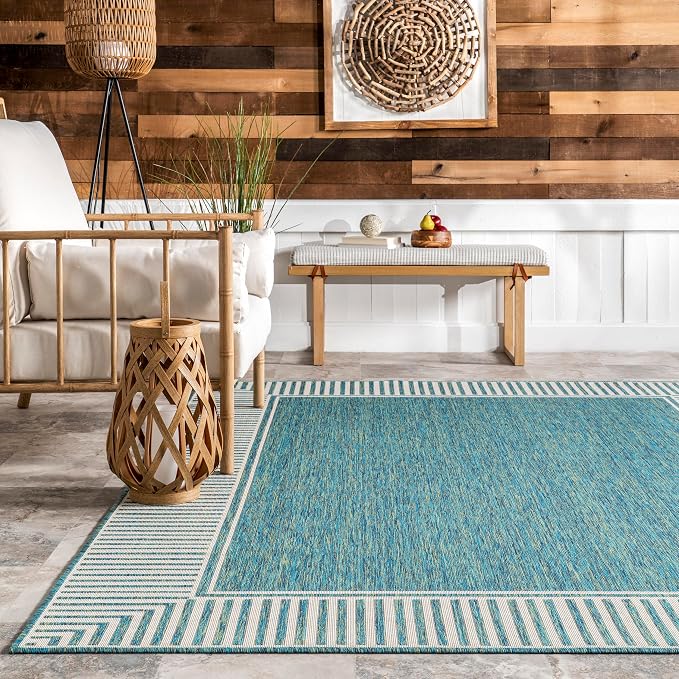 Nuloom Asha Teal/Ivory, 4' x 6', Casual, Striped Border, Soft and Cozy, High Traffic, Easy Clean, Durable Area Rug for Indoor/Outdoor Patio, Deck, Porch, Garden, Courtyard