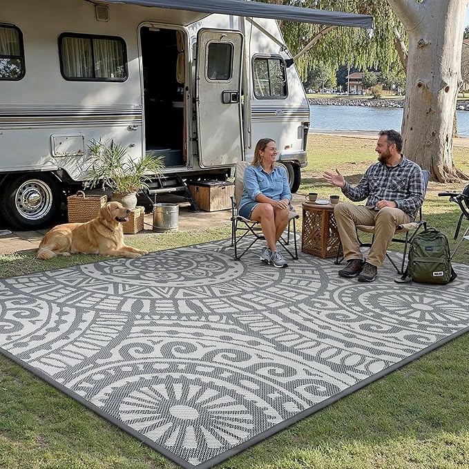 HUGEAR 9x12 Outdoor Boho Rug Grey Patio Waterproof Rug Home Decor Reversible Plastic Straw Rugs Outside Indoor Floor Mat for Camping Balcony RV Deck Porch Pool Backyard