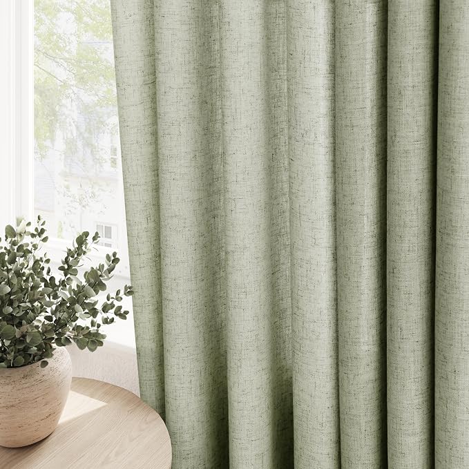 Sage Green Linen Curtains 102 Inch Length for Living Room 2 Panels Set Soft Thick Textured Grommet Design Semi Sheer Light Filtering Window Curtain Drapes Burlap Look Rustic Farmhouse Decor 52x102