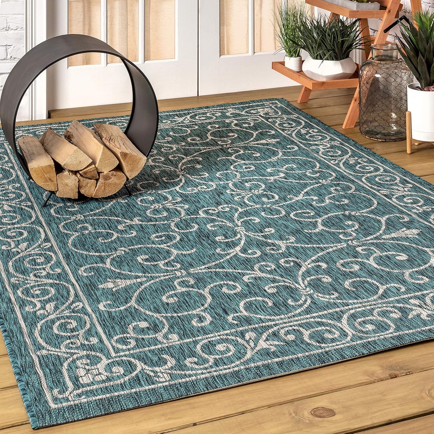 JONATHAN Y Vintage Filigree Indoor Outdoor Area Rug 8X10 Teal/Gray, Charleston Textured Weave for Backyard, Patio, Porch, Easy-Cleaning, High Traffic, Pet-Friendly, Non-Shedding (SMB106F-8)