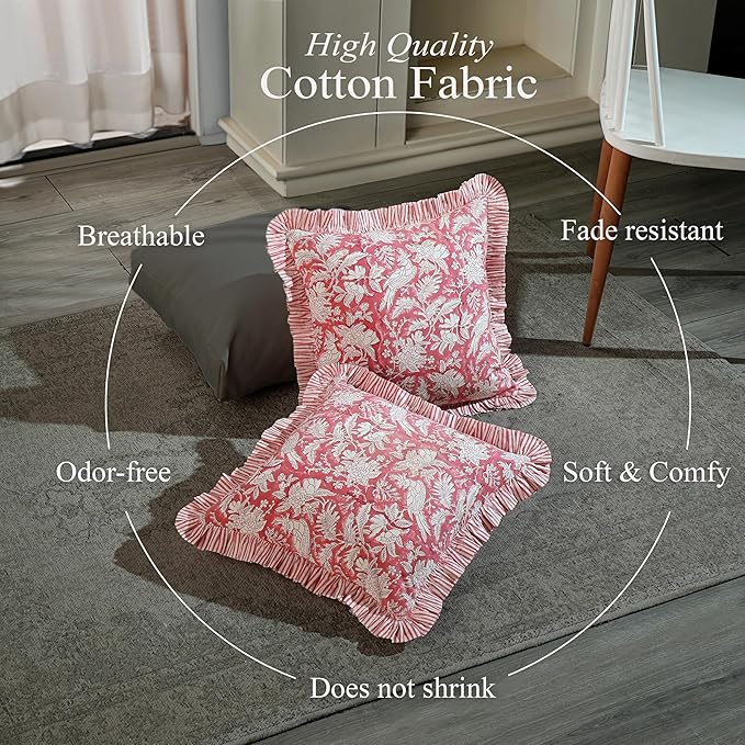 CPC Pink Coral Ruffle Throw Pillow Covers for Couch, 18x18 Inch Cotton Stripe Ruffle Couch Pillows for Living Room, Hidden 14 Inch Zipper Boho Pillow Case or Cute Outdoor Pillows