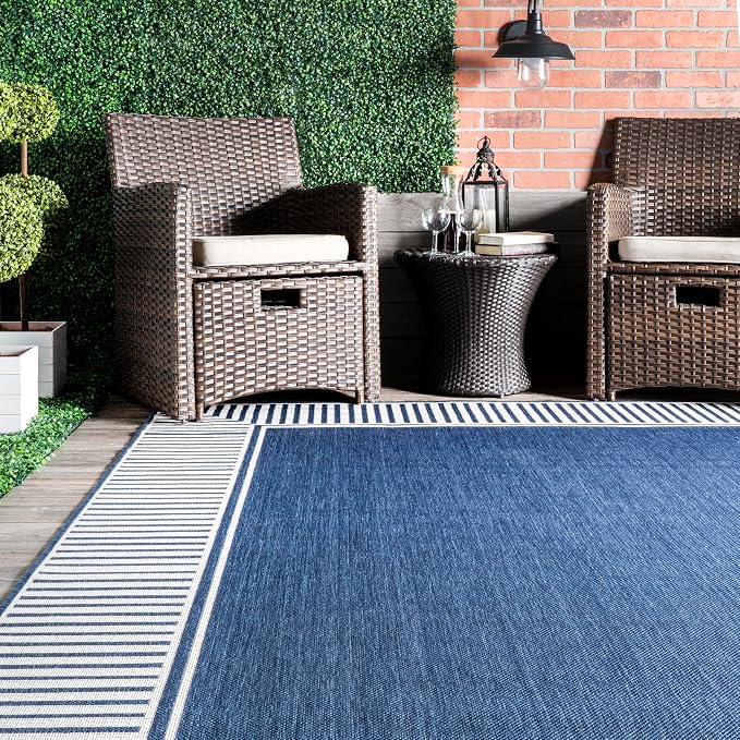 Nuloom Asha Navy/Ivory, 2' x 3', Casual, Striped Border, Soft and Cozy, High Traffic, Easy Clean, Durable Area Rug for Indoor/Outdoor Patio, Deck, Porch, Garden, Courtyard
