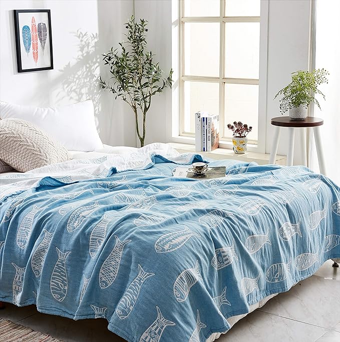 MEJU Fish Blue Modern Muslin Lightweight Summer Blanket for Bed Sofa Couch 100% Combed Cotton 3 Layer Soft Warm Bedspread Throw Blanket Bed Coverlet Sheet Full Queen 80 in X 90 in