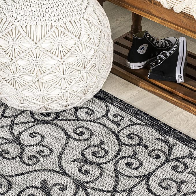 JONATHAN Y Vintage Filigree Indoor Outdoor Round Area Rug 8 Ft Light Gray/Black, Madrid Textured Weave for Backyard, Patio, Porch, Easy-Cleaning, High Traffic, Pet-Friendly, Non-Shedding SMB107E-8R