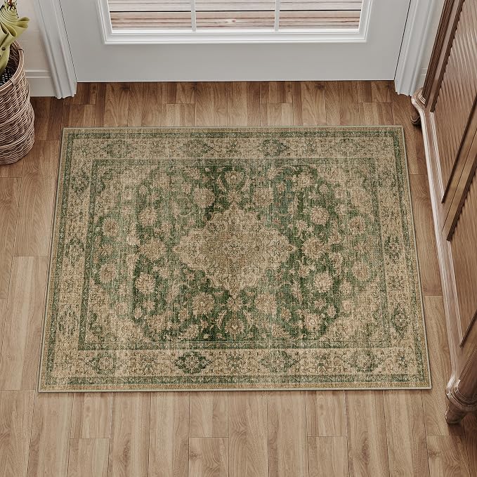 HUGEAR 2x3 Entryway Area Rug Retro Green Small Rug Machine Washable Door Mat Vintage Floral Low Pile Carpet Distressed Throw Rug Entrance Kitchen Bathroom Bedroom Office Non Slip Soft Lightweight