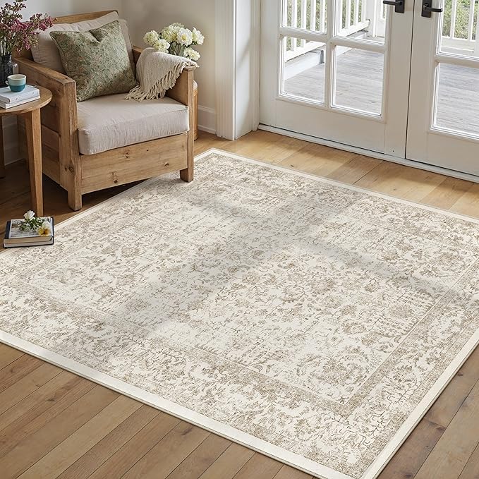 PureCozy Light Brown Area Rug 4x6 Office Entryway Rug Machine Washable Kitchen Vintage Distressed Non Slip Carpet Indoor Retro Floral Accent Throw Door Mat for Bathroom Bedroom Dining Living Room