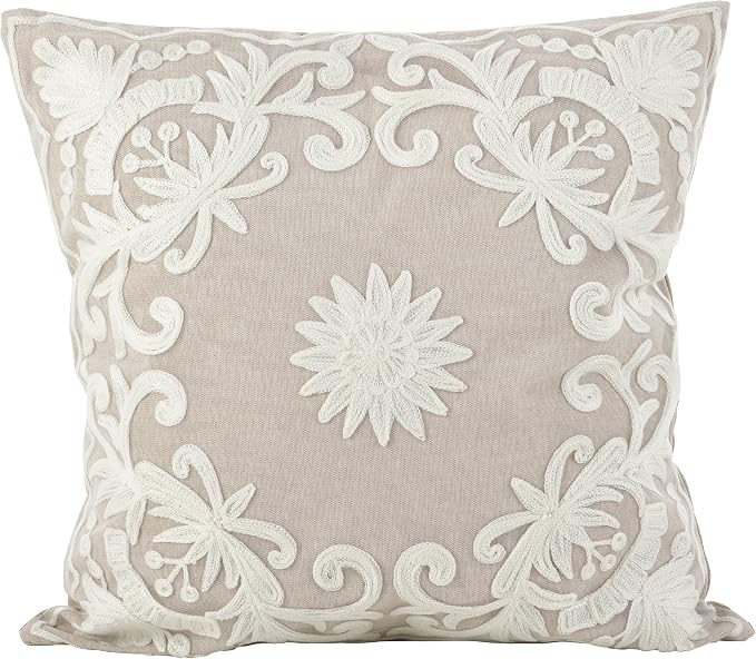 SARO LIFESTYLE Embroidered Floral Design Cotton Poly Filled Throw Pillow, 18", Ivory