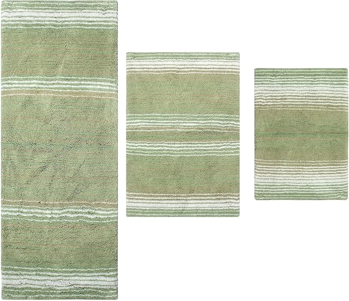 Home Weavers 100% Cotton Gradiation Collection Bathroom Décor | Washable Rug | Bathroom Mat | Kitchen Mat | Bathroom Rug Set | Bath Mat Set | Bath Floor Mat Non Slip, 3 Piece Set with Runner, Sage