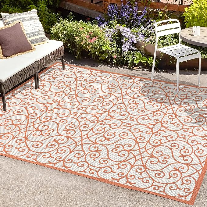 JONATHAN Y Vintage Filigree Indoor Outdoor Area Rug 5X8 Cream/Orange, Madrid Textured Weave for Backyard, Patio, Porch, Easy-Cleaning, High Traffic, Pet-Friendly, Non-Shedding (SMB107L-5)