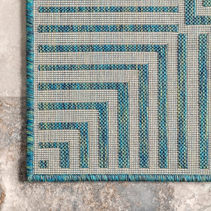Nuloom Asha Teal/Ivory, 5' x 8', Casual, Striped Border, Soft and Cozy, High Traffic, Easy Clean, Durable Area Rug for Indoor/Outdoor Patio, Deck, Porch, Garden, Courtyard