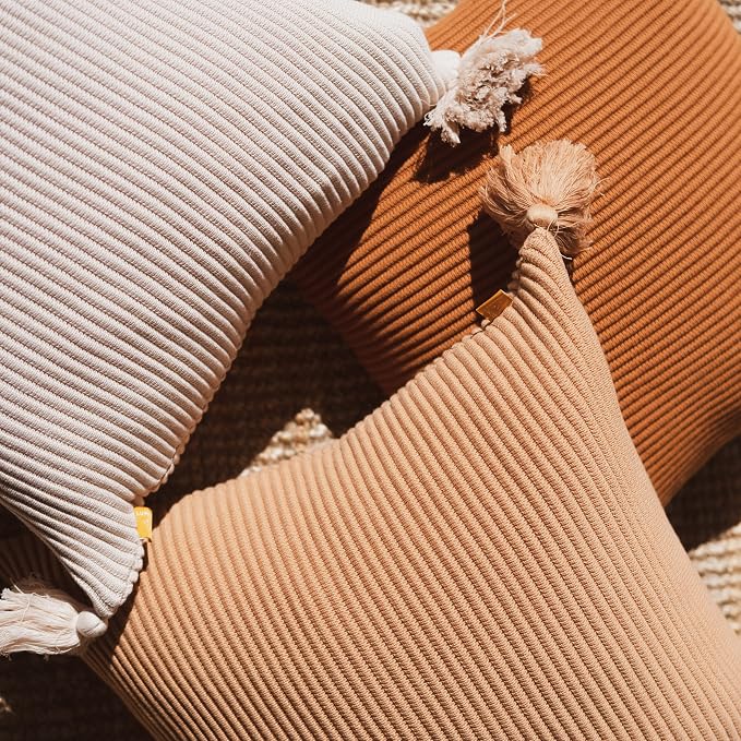 100% Soft Cotton Boho Throw Pillow Cover Ribbed Knit Texture with Handmade Tassels Cozy Decorative Accent (20x20, Baked Clay, Baked Terracotta)