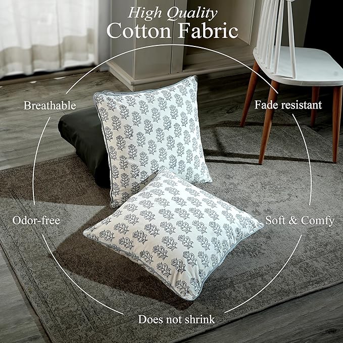 CPC 100% Cotton Throw Pillow Covers 18x18 Inch, Set of 2 Pink Block Print Pattern Couch Pillow, Cute Boho Decorative Pillows for Living Room, Bedroom with Hidden Zipper- Misty Grey Floral