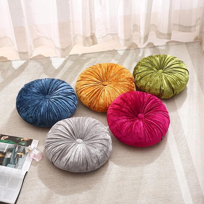 Verpert Pack 2：Round Floor Cushions Pillow, Solid Color Velvet Meditation Cushion Pumpkin Pleated Meditation Pillow for Home Sofa Bed Car Decor Floor Pillow Cushion Green