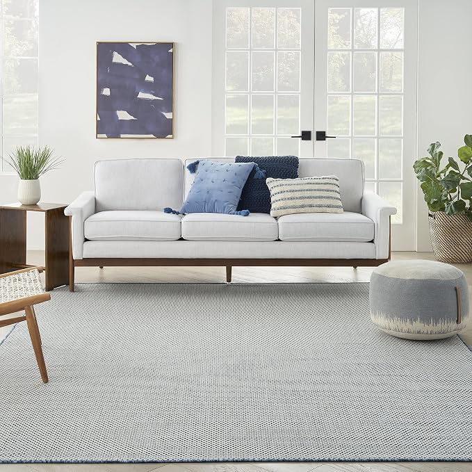 Nourison Home Courtyard Ivory Blue 9' x 12' Area Rug - Easy Clean, Non Shedding, Bed Room, Living Room, Dining Room, Kitchen (9' x 12')