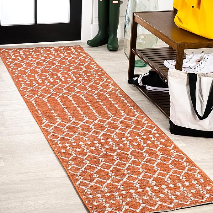 JONATHAN Y Moroccan Geometric Indoor Outdoor Runner Rug 2X10 Orange/Cream, Ourika Textured Weave for Backyard, Patio, Porch, Easy-Cleaning, High Traffic, Pet-Friendly, Non-Shedding (SMB108P-210)