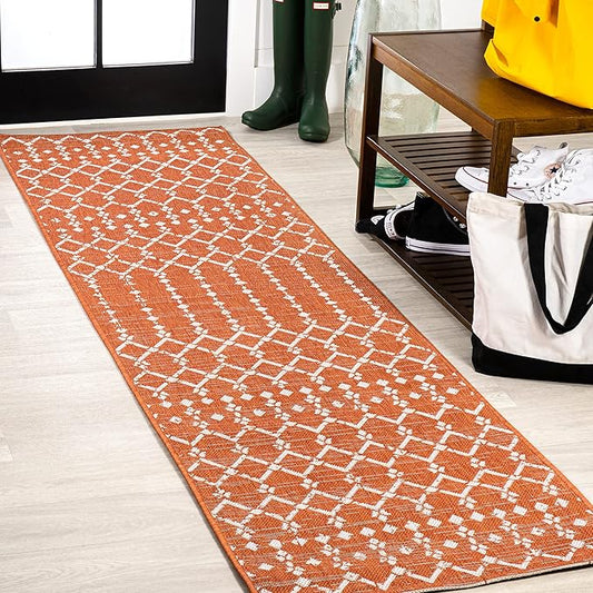 JONATHAN Y Moroccan Geometric Indoor Outdoor Runner Rug 2X10 Orange/Cream, Ourika Textured Weave for Backyard, Patio, Porch, Easy-Cleaning, High Traffic, Pet-Friendly, Non-Shedding (SMB108P-210)