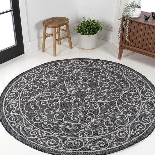 JONATHAN Y Vintage Filigree Indoor Outdoor Round Area Rug 9 Ft Black/Gray, Charleston Textured Weave for Backyard, Patio, Porch, Easy-Cleaning, High Traffic, Pet-Friendly, Non-Shedding (SMB106G-9R)