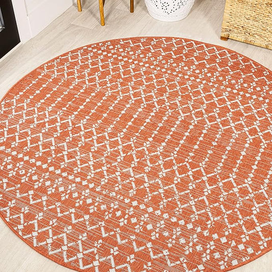 JONATHAN Y Moroccan Geometric Indoor Outdoor Round Area Rug 5 Ft Orange/Cream, Ourika Textured Weave for Backyard, Patio, Porch, Easy-Cleaning, High Traffic, Pet-Friendly, Non-Shedding (SMB108P-5R)