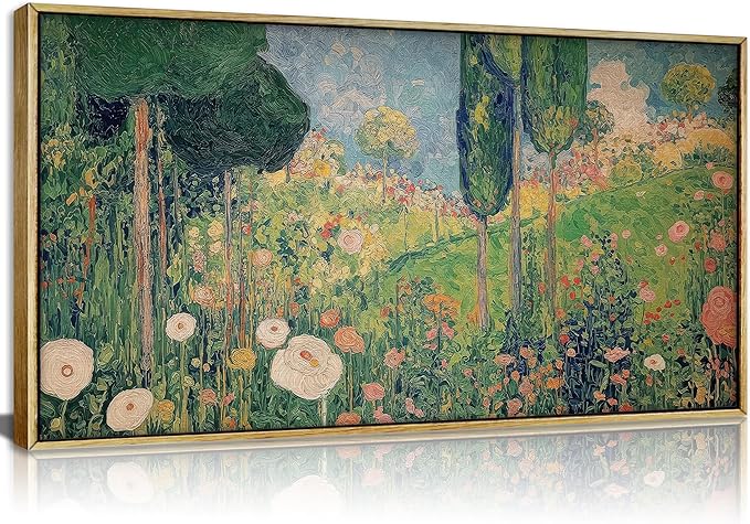 Large Wood Framed Horizontal Botanical Wall Art,Green Spring Garden Canvas Print,Vintage plant Floral Landscape Picture Poster,Natural scenery Painting Artwork for Bedroom Living Room Office