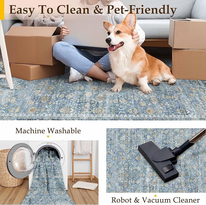 HUGEAR 2x6 Runner Rug Machine Washable Light Blue Hallway Area Rugs Indoor Accent Rugs Floral Low Pile Carpet Distressed Throw Rug Bedroom Living Room Office Dining Kitchen Laundry Non Slip