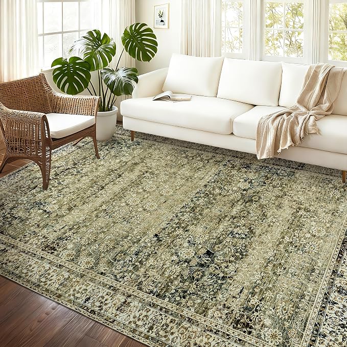 Large Boho Area Rugs 8x10 for Living Room,Low Pile Stain Resistant Neutral Vintage Distressed Style Machine Washable Rugs Carpet for Bedroom Dining Room,Olive Green and Cream