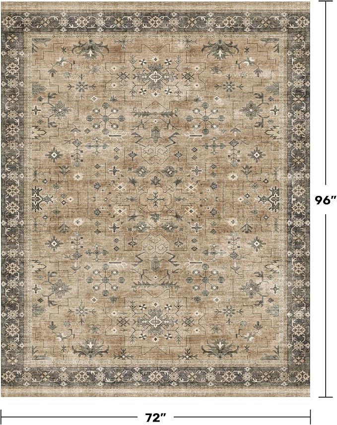 Traditional Washable 6x8 Area Rug for Living Room, Vintage Boho Dining Room Rugs for Under Table, Lightweight Foldable Low Pile Soft Carpet, Earthy Taupe & Sage Floral Design