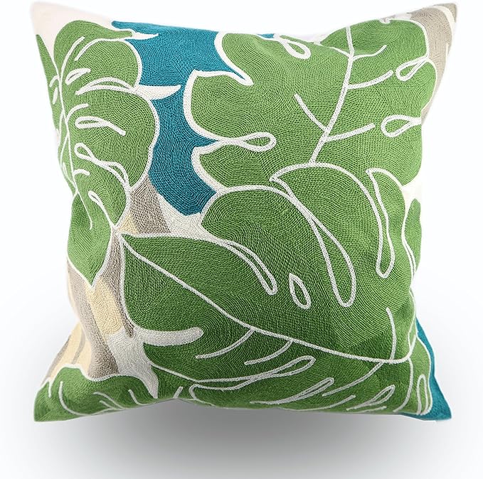 Embroidery Throw Pillow Cover 18x18 Decor Tropical Leaves Floor Pillow Cover for Couch Chair Bed Room 100% Cotton Cushion Cover 45x45cm Pillowcase, Green Leaf Plant Embroidered, Pack of 4
