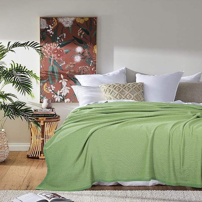 TreeWool Premium 100% Cotton Waffle Queen Blanket (90"x90", Sage Green) | Breathable Lightweight Moisture Wicking Soft Knit Thermal Blanket for Summer, Bed or Sofa All-season Comfort Machine Washable