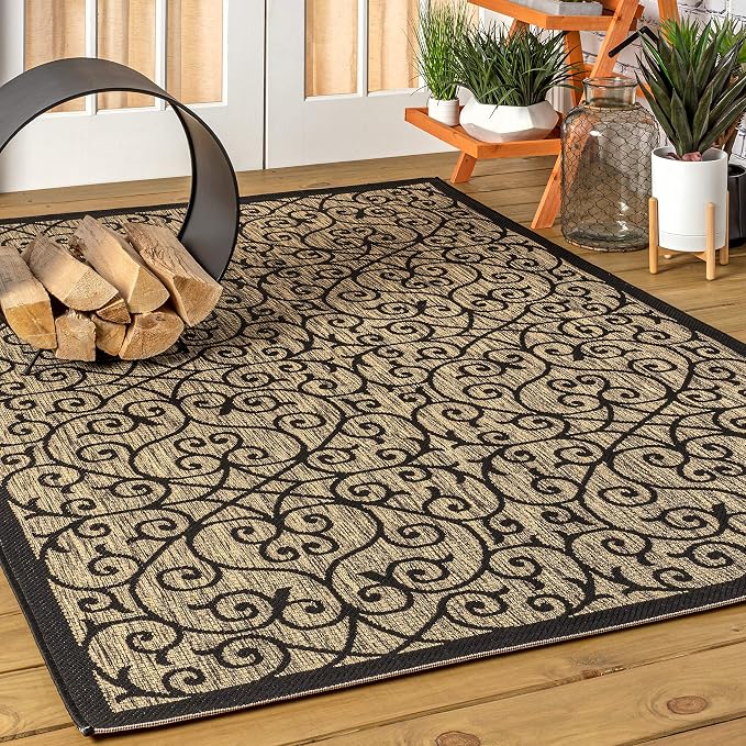 JONATHAN Y Vintage Filigree Indoor Outdoor Area Rug 5X8 Black/Khaki, Madrid Textured Weave for Backyard, Patio, Porch, Easy-Cleaning, High Traffic, Pet-Friendly, Non-Shedding (SMB107A-5)