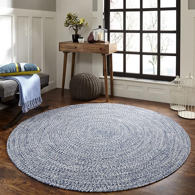 Superior Indoor/Outdoor Area Rug, Dual-Tone Reversible Braided Floor Decor for Patio, Front Porch, Entryway, Living Room, Office, Nursery, Artistic Home, 6' Round, Denim Blue-White