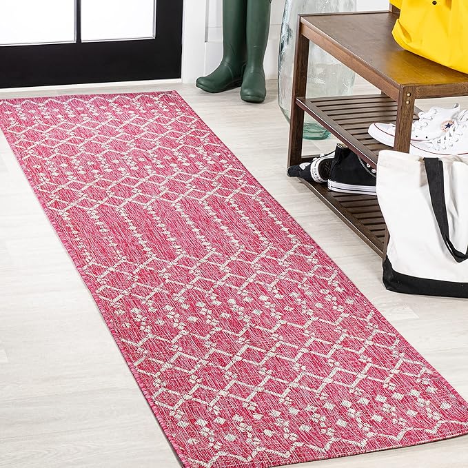 JONATHAN Y Moroccan Geometric Indoor Outdoor Runner Rug 2X10 Fuchsia/Light Gray, Ourika Textured Weave for Backyard, Patio, Porch, Easy-Cleaning, Pet-Friendly, Non-Shedding (SMB108Q-210)
