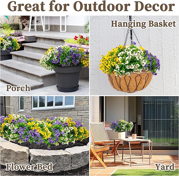 ColoPlay 12 Bundles Artificial Fake Pansy Flowers for Outdoor - Yellow, White & Purple Faux Pansies Flowers, Fake Flowers for Outdoor Planters, Porch, Garden, Window Boxes, and Home Decoration