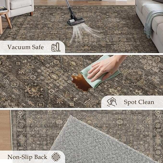 8x10 Washable Area Rug for Living Room Bedroom Vintage Brown Non Slip Carpet Traditional Retro Medium Pile Large Thicker Throw Rug for Dining Room Kitchen Office Indoor