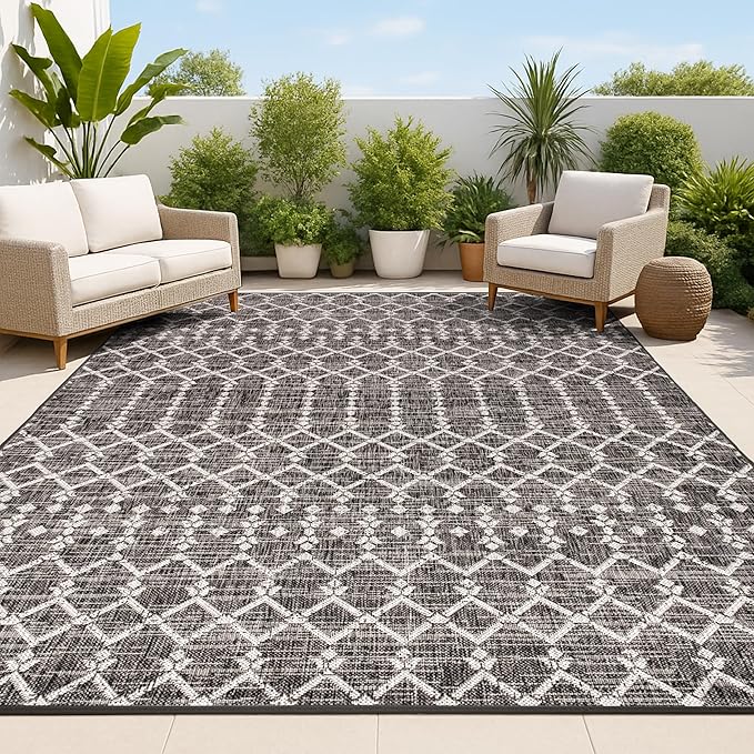 JONATHAN Y Moroccan Geometric Indoor Outdoor Area Rug 3X5 Black/Gray, Ourika Textured Weave for Backyard, Patio, Porch, Easy-Cleaning, High Traffic, Pet-Friendly, Non-Shedding (SMB108F-3)