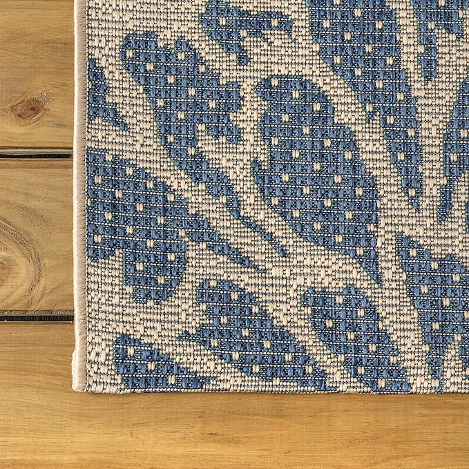 JONATHAN Y Floral Textured Weave Indoor Outdoor Square Area Rug 6X6 Navy/Green, Zinnia Modern for Backyard, Patio, Porch, Easy-Cleaning, High Traffic, Pet-Friendly, Non-Shedding (SMB110B-6SQ)